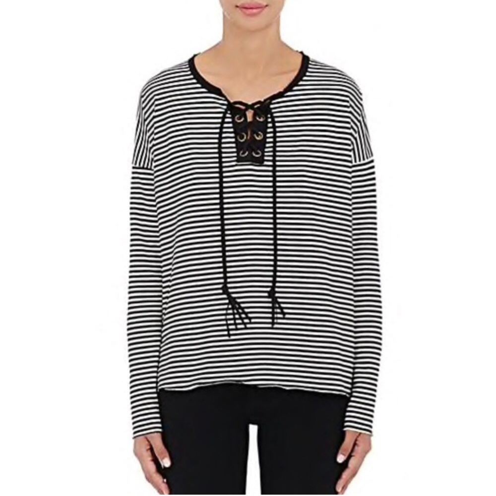 NSF black and white striped cotton jersey with lace up suede trim